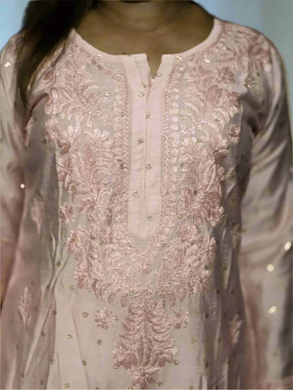 Pure Banarsi Chanderi Kurti with Parallel Pants And Matching Chiffon Dupatta