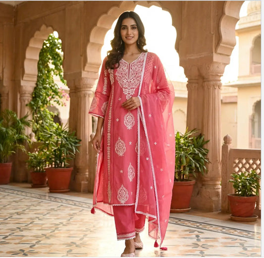 Beautiful Embroidered Lucknowi Suit In Vibrant Pink(Fuchsia)