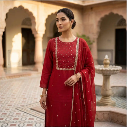 Classic Embroidered Sequinned Straight Kurta with Trousers & Dupatta in Maroon