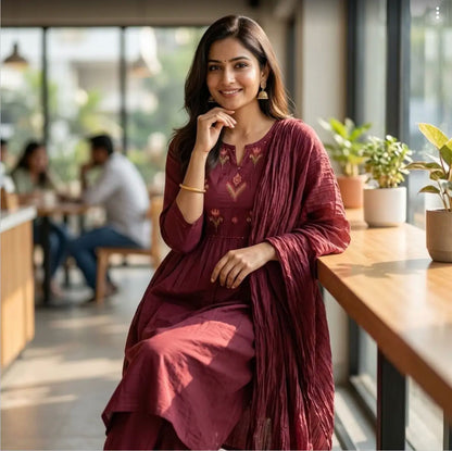 Elegant Maroon Three-piece Ethnic Set