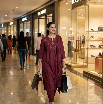 Elegant Maroon Three-piece Ethnic Set