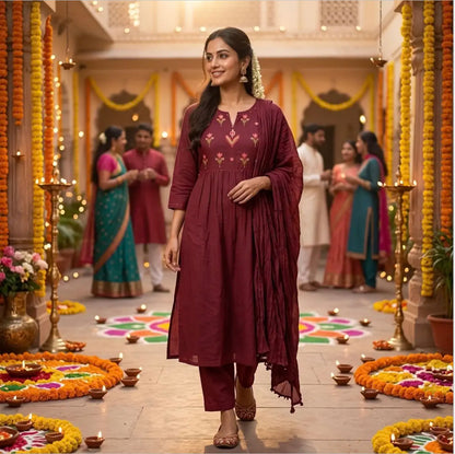 Elegant Maroon Three-piece Ethnic Set