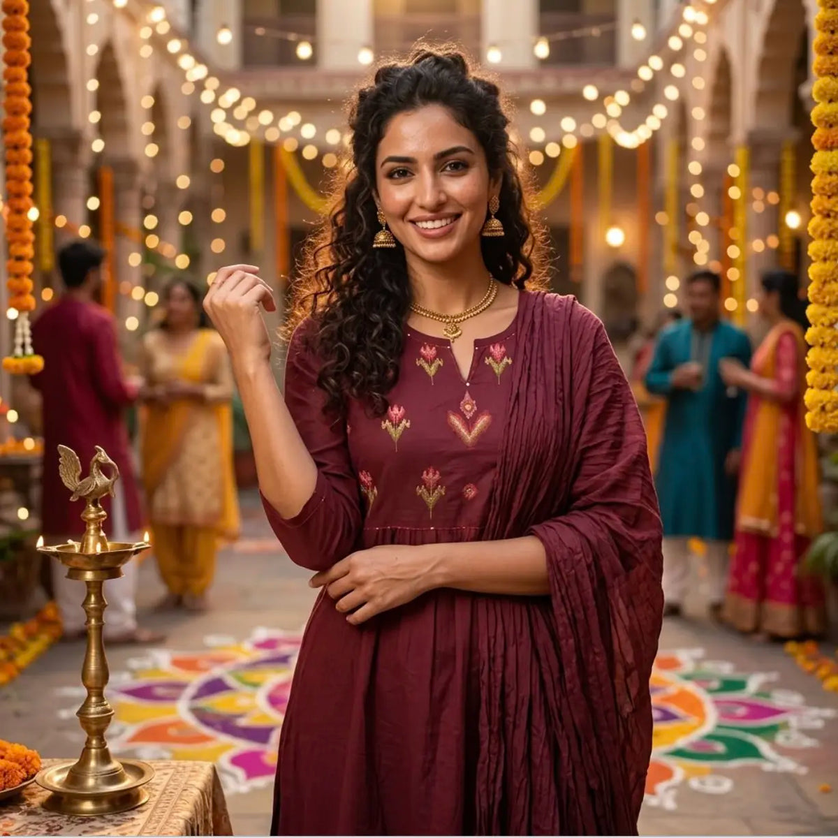 Elegant Maroon Three-piece Ethnic Set