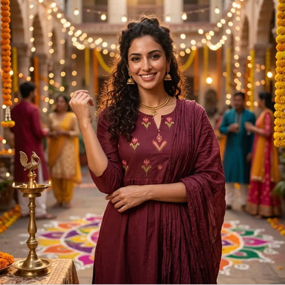 Elegant Maroon Three-piece Ethnic Set