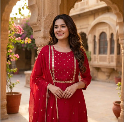 Classic Embroidered Sequinned Straight Kurta with Trousers & Dupatta in Maroon