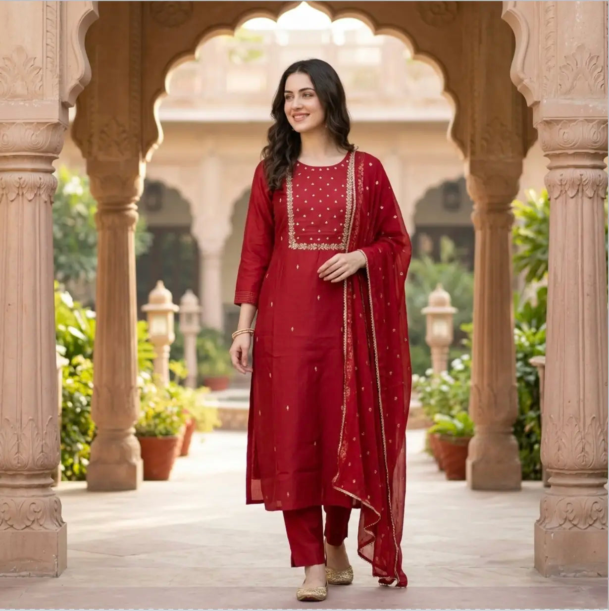 Classic Embroidered Sequinned Straight Kurta with Trousers & Dupatta in Maroon
