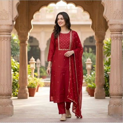 Classic Embroidered Sequinned Straight Kurta with Trousers & Dupatta in Maroon