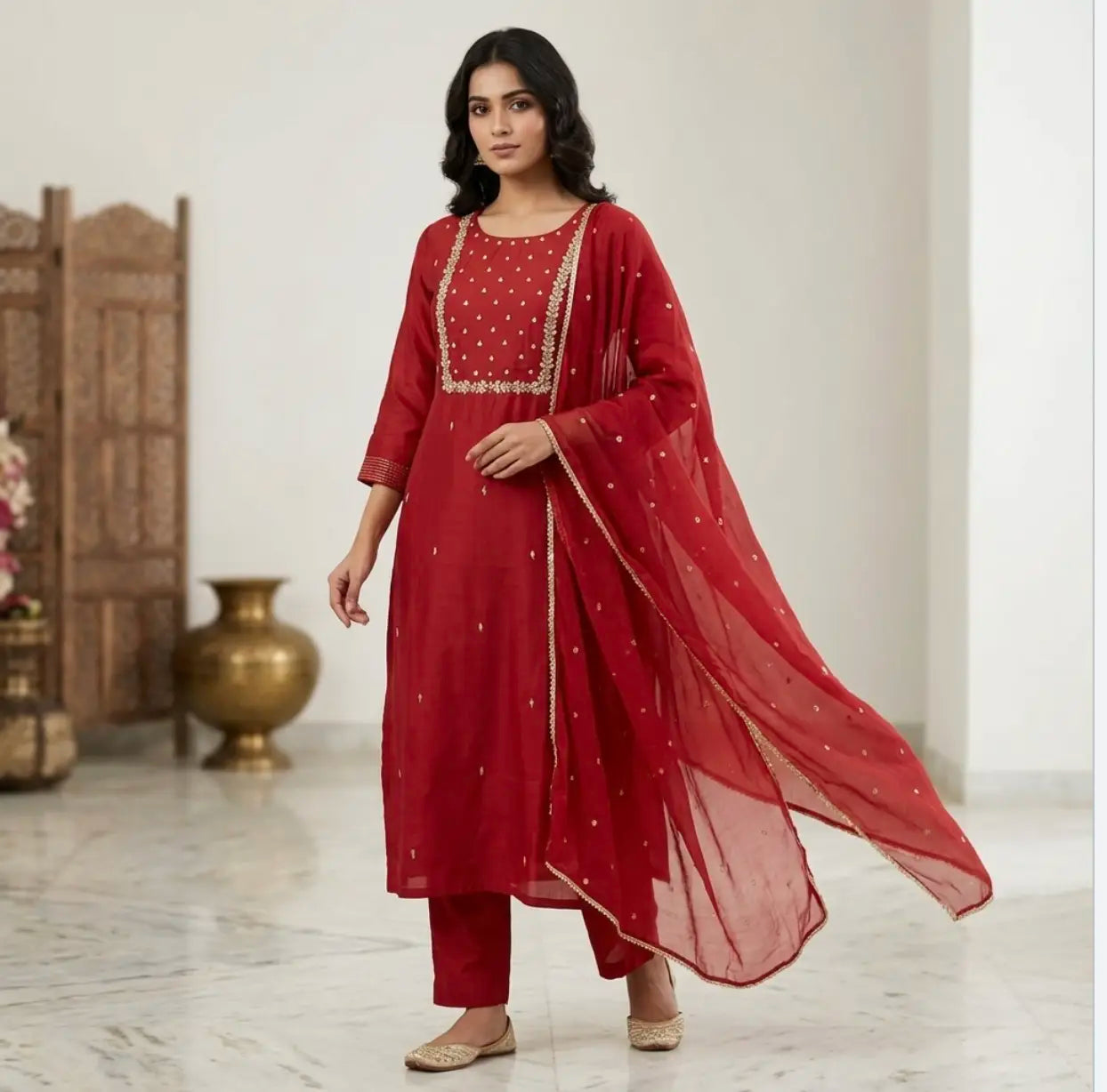 Classic Embroidered Sequinned Straight Kurta with Trousers & Dupatta in Maroon