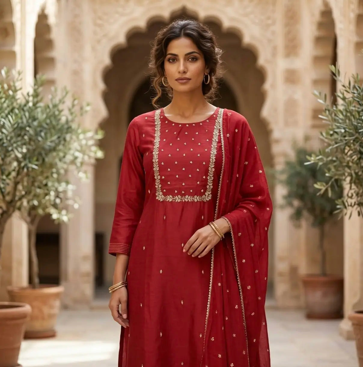 Classic Embroidered Sequinned Straight Kurta with Trousers & Dupatta in Maroon