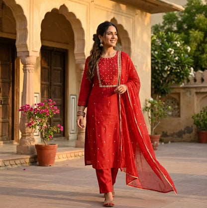 Classic Embroidered Sequinned Straight Kurta with Trousers & Dupatta in Maroon