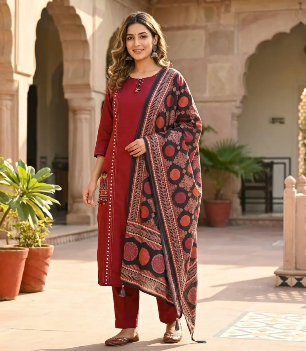 Elegant embroidered Maroon Suit Set with front pockets