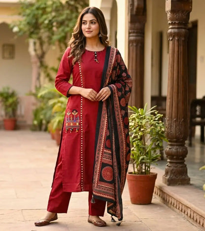 Elegant embroidered Maroon Suit Set with front pockets