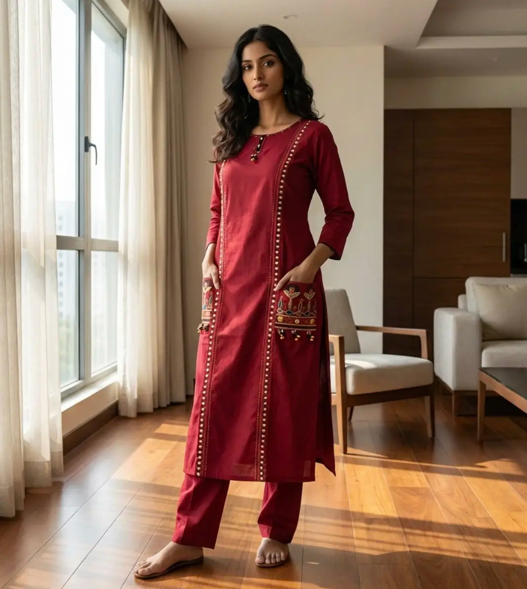 Elegant embroidered Maroon Suit Set with front pockets
