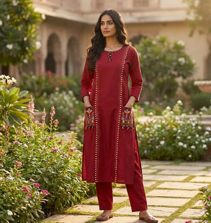 Elegant embroidered Maroon Suit Set with front pockets
