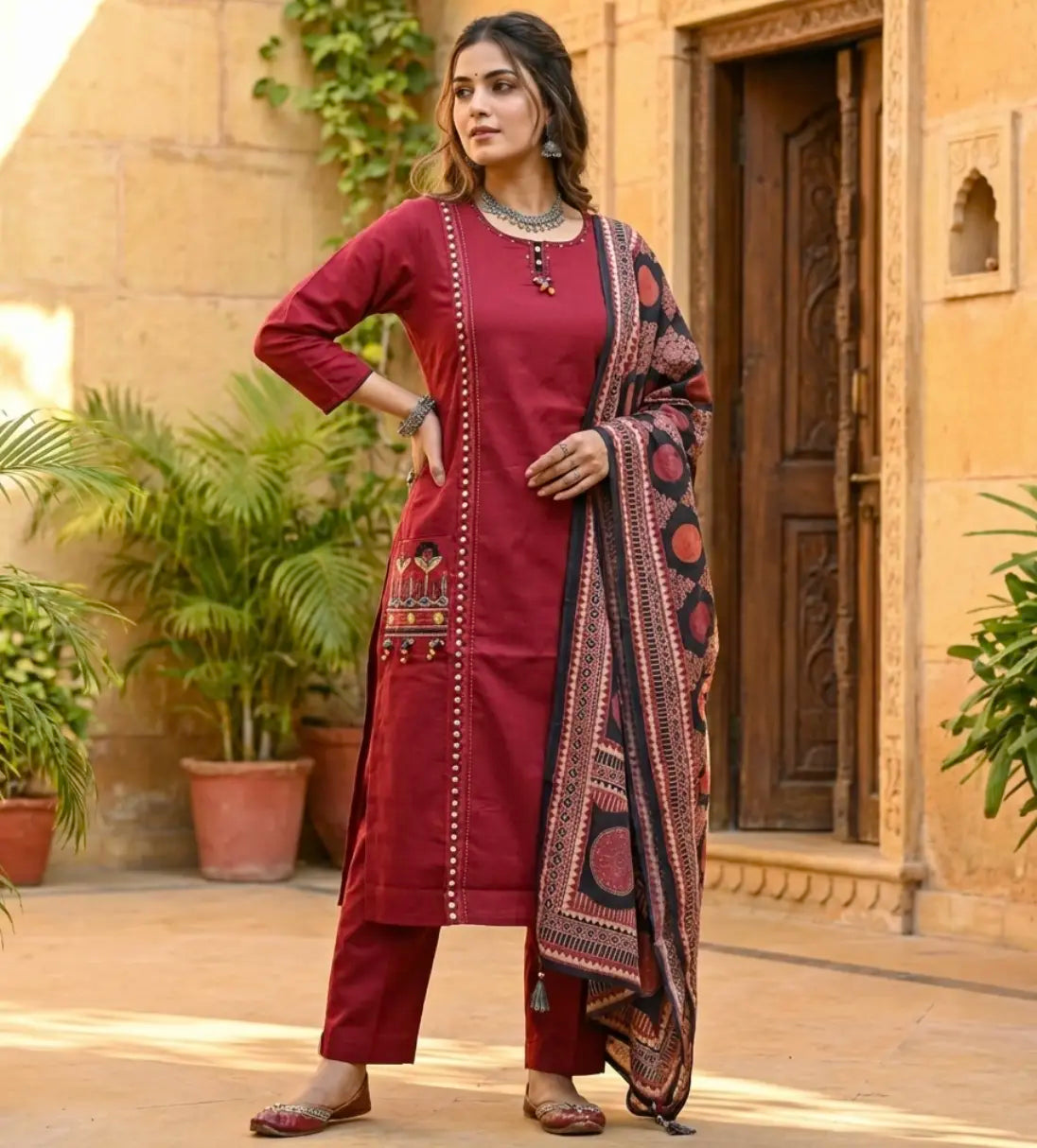 Elegant embroidered Maroon Suit Set with front pockets