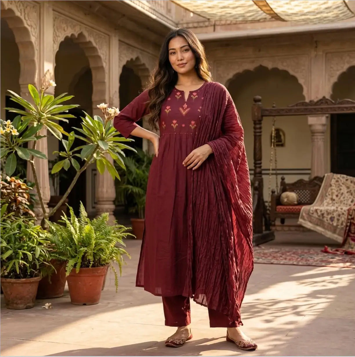 Elegant Maroon Three-piece Ethnic Set