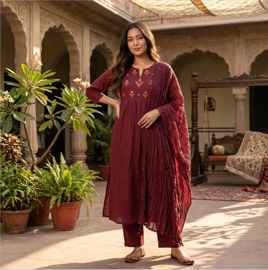 Elegant Maroon Three-piece Ethnic Set