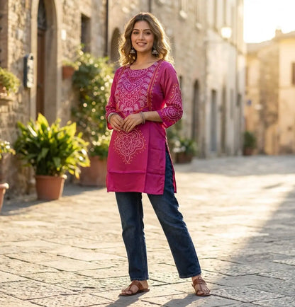 Elegant Magenta Pink Bandhej Short Kurta