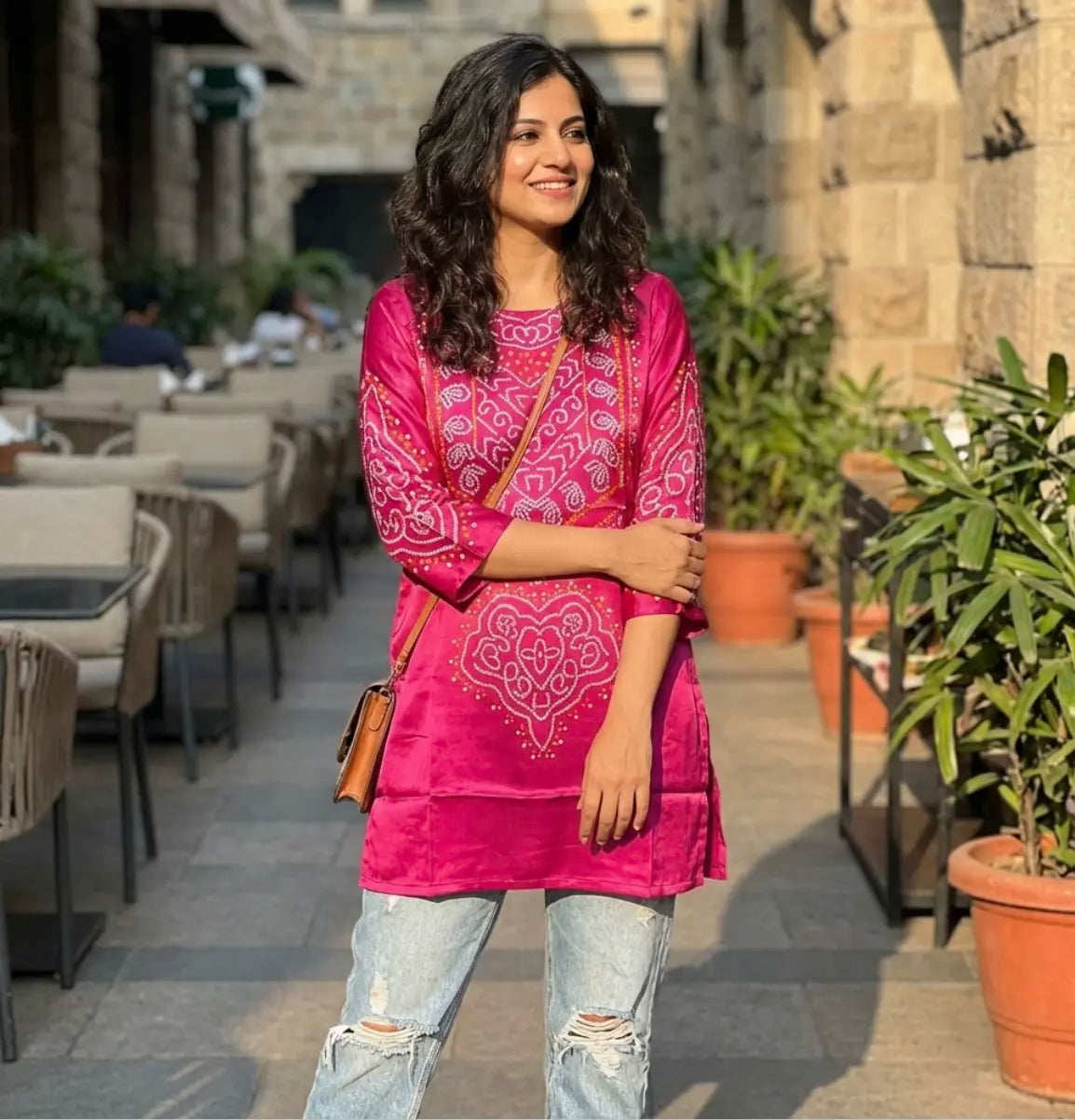 Elegant Magenta Pink Bandhej Short Kurta
