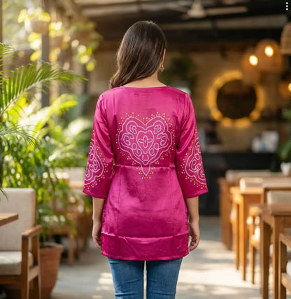 Elegant Magenta Pink Bandhej Short Kurta