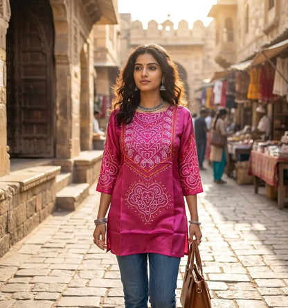 Elegant Magenta Pink Bandhej Short Kurta