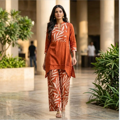 Rust Orange Leaf Motif Ethnic Co-Ord Set.