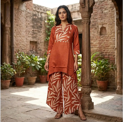 Rust Orange Leaf Motif Ethnic Co-Ord Set.
