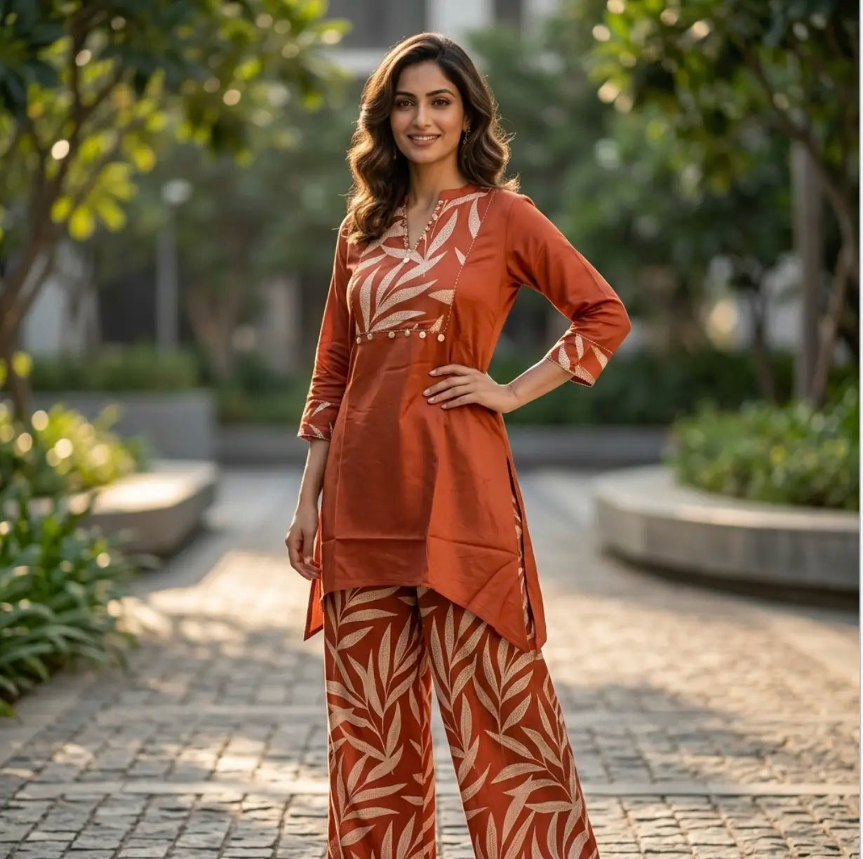 Rust Orange Leaf Motif Ethnic Co-Ord Set.