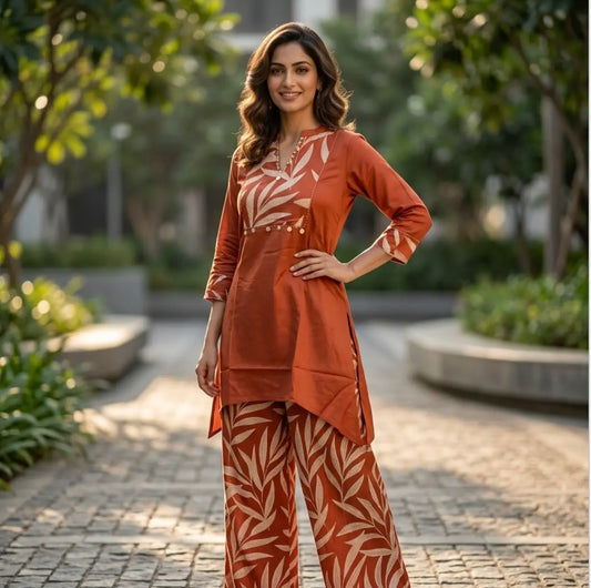Rust Orange Leaf Motif Ethnic Co-Ord Set.