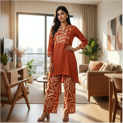 Rust Orange Leaf Motif Ethnic Co-Ord Set.