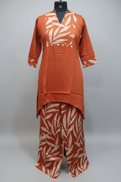 Rust Orange Leaf Motif Ethnic Co-Ord Set.
