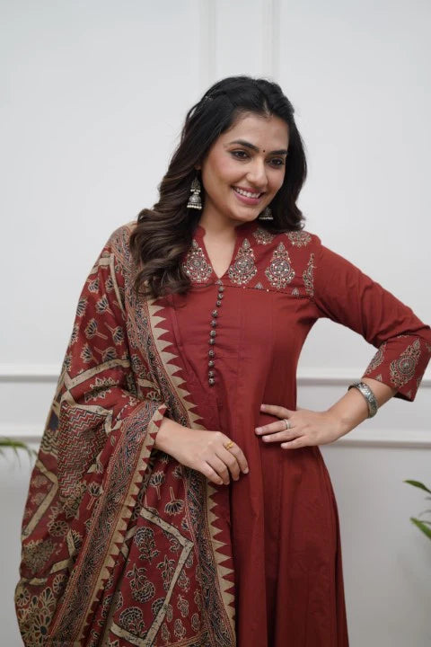 Elegant Pure Cotton Ajrakh Print Anarkali in Rust