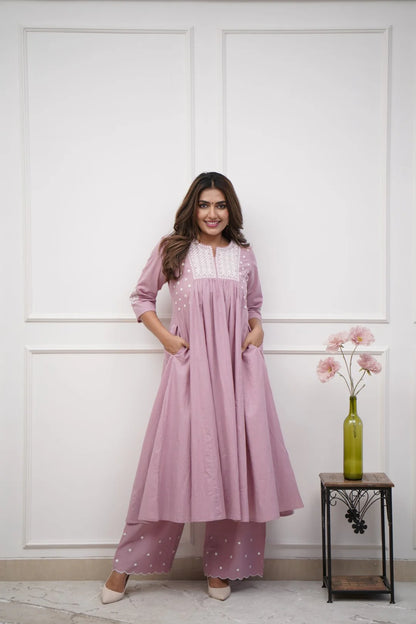 Elegant Dusted Pink flared Cotton Palazzo Set