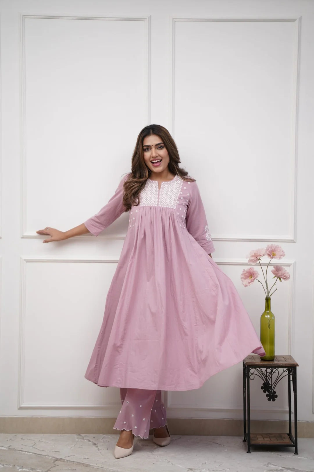 Elegant Dusted Pink flared Cotton Palazzo Set