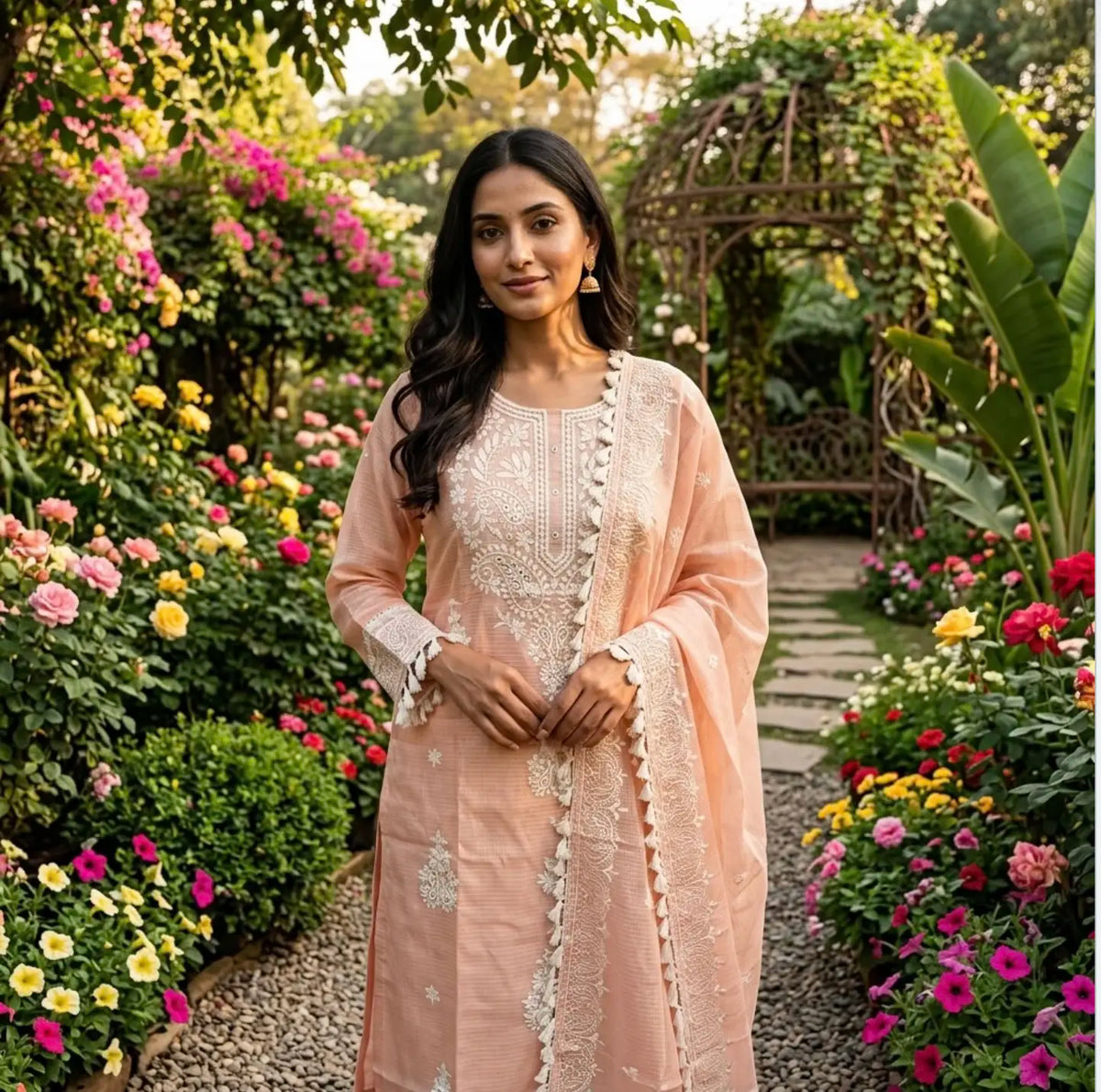 Peach Blossom Chikankari-Inspired Kota Doria Straight Kurta Set with Dupatta