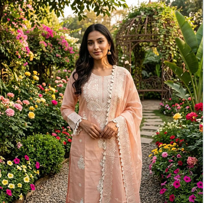 Peach Blossom Chikankari-Inspired Kota Doria Straight Kurta Set with Dupatta