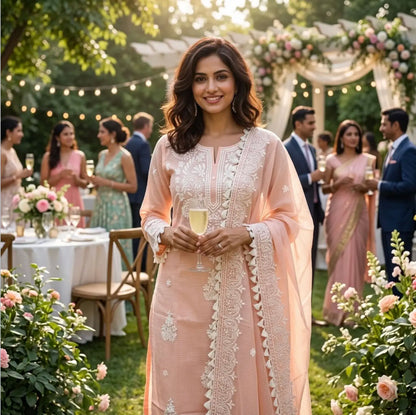 Peach Blossom Chikankari-Inspired Kota Doria Straight Kurta Set with Dupatta