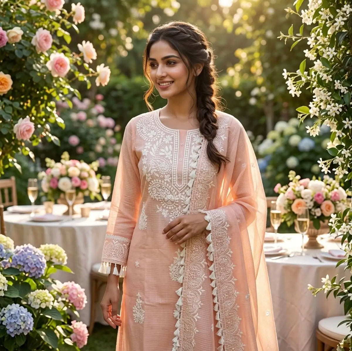 Peach Blossom Chikankari-Inspired Kota Doria Straight Kurta Set with Dupatta