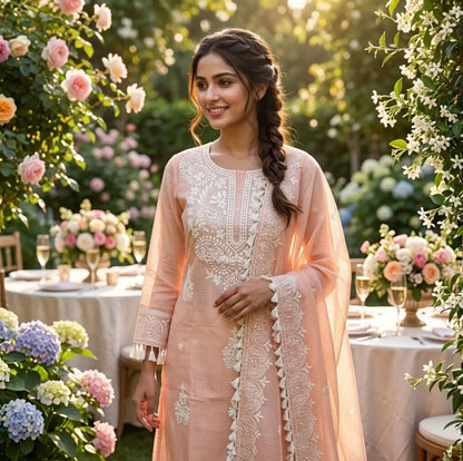 Peach Blossom Chikankari-Inspired Kota Doria Straight Kurta Set with Dupatta