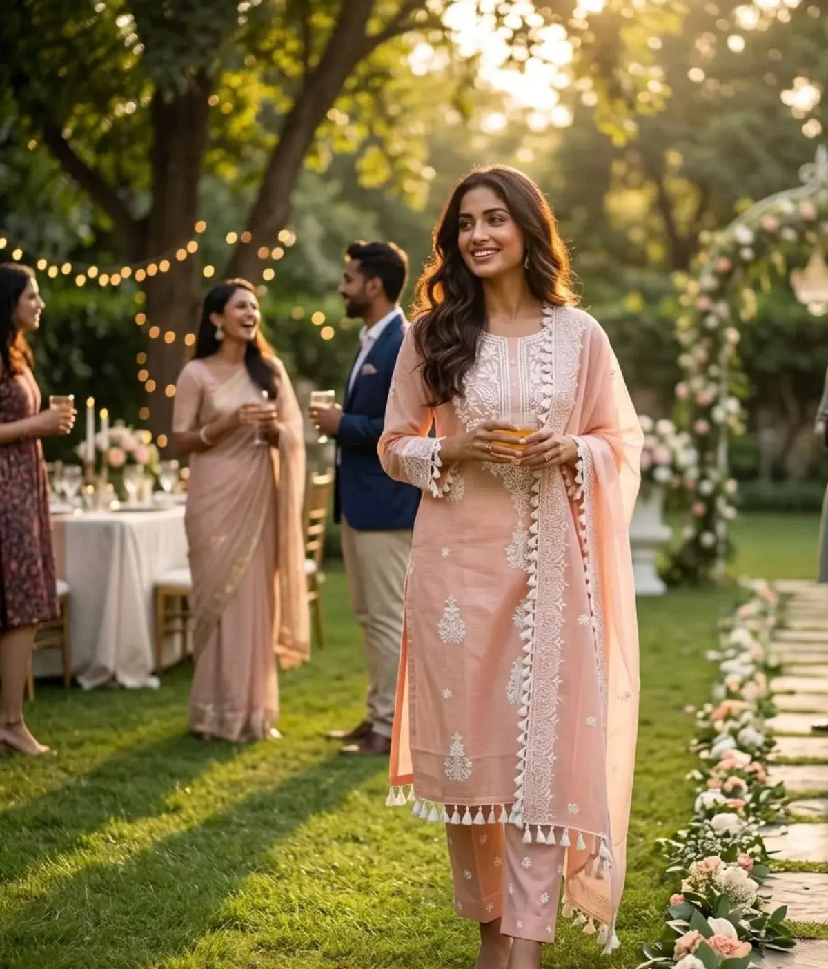 Peach Blossom Chikankari-Inspired Kota Doria Straight Kurta Set with Dupatta