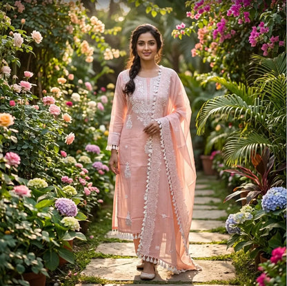 Peach Blossom Chikankari-Inspired Kota Doria Straight Kurta Set with Dupatta
