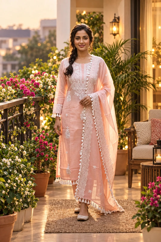 Peach Blossom Chikankari-Inspired Kota Doria Straight Kurta Set with Dupatta