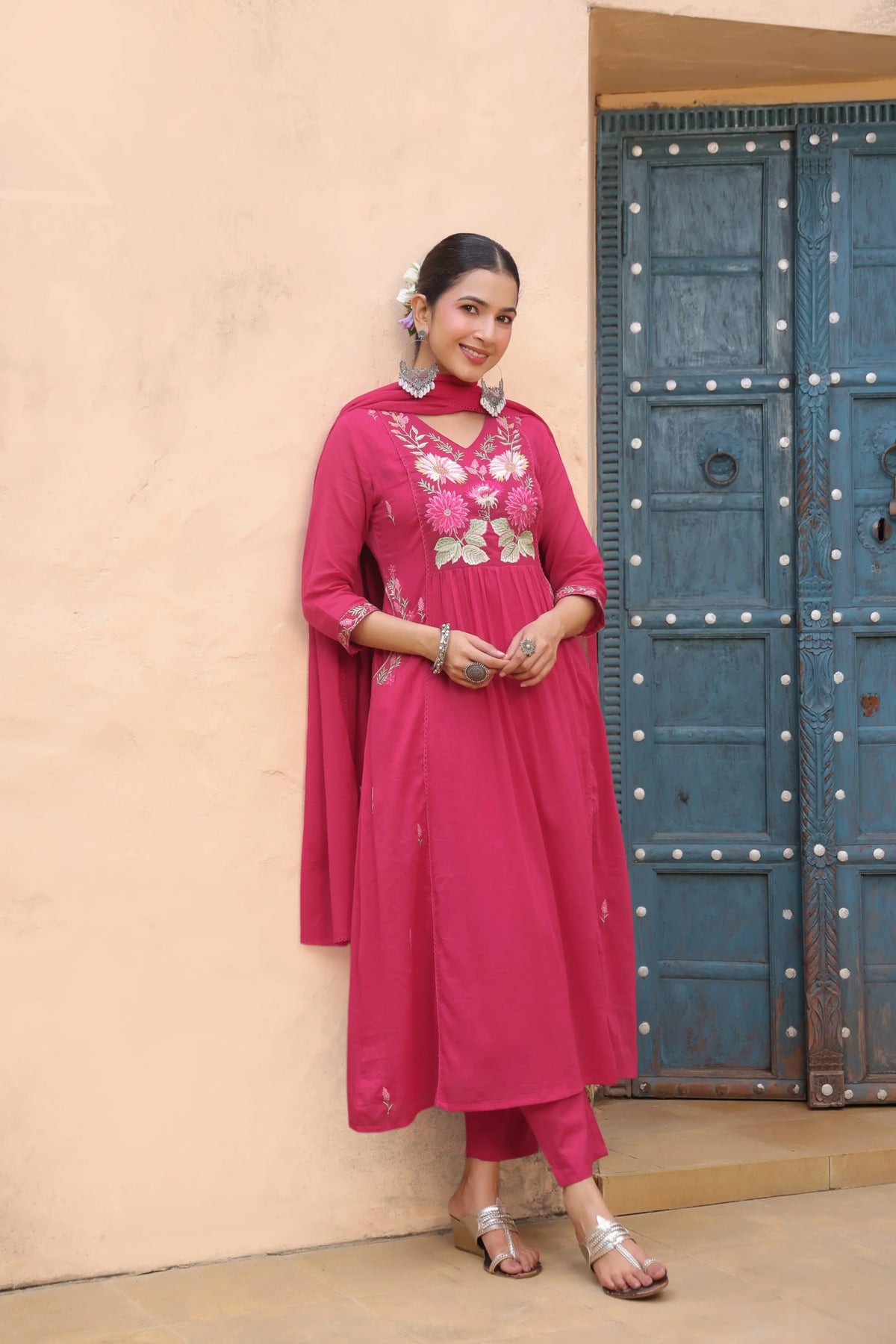 Pink Floral Embroidered Anarkali Kurta Set