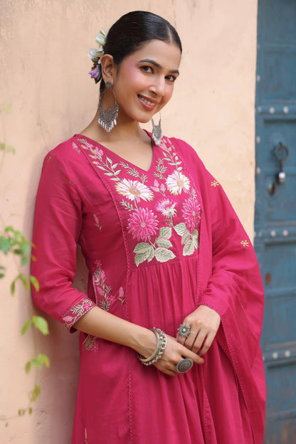 Pink Floral Embroidered Anarkali Kurta Set