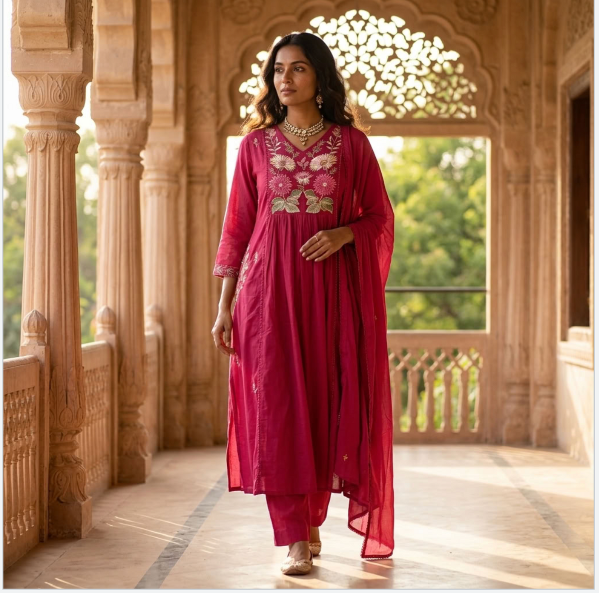 Pink Floral Embroidered Anarkali Kurta Set