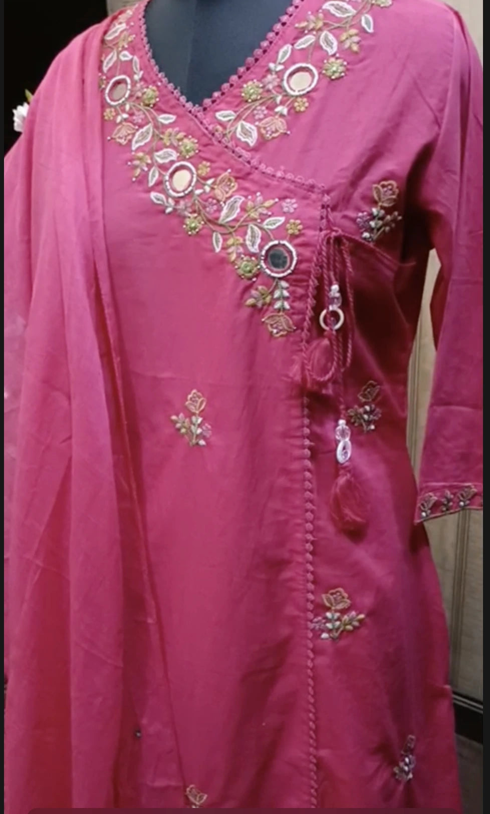 Beautiful Fuchsia Pink Angrakha Style Embroidered Kurta Set with Dupatta