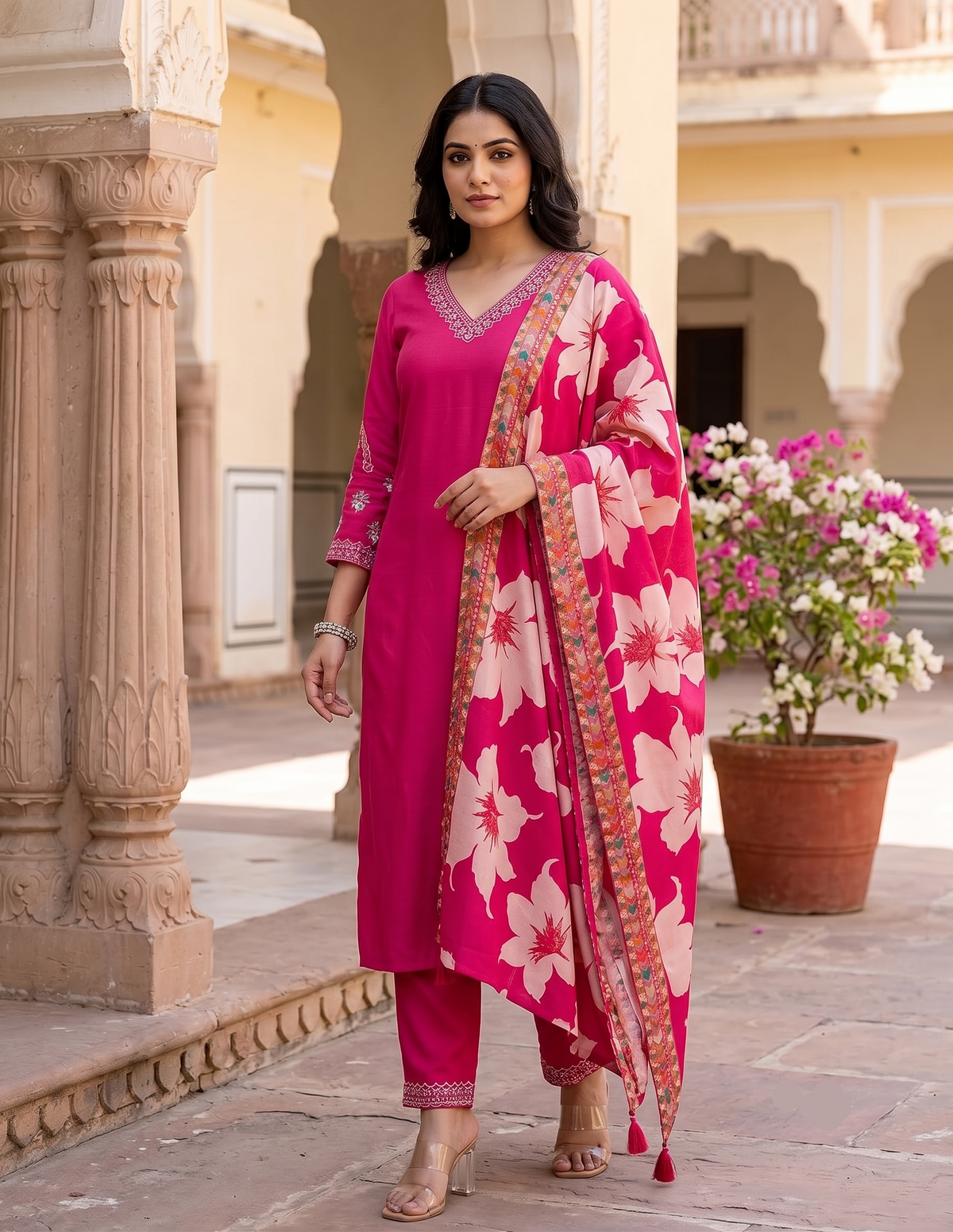 Elegant Floral Embroidered Thread Work Kurta Set With Muslin Silk Dupatta