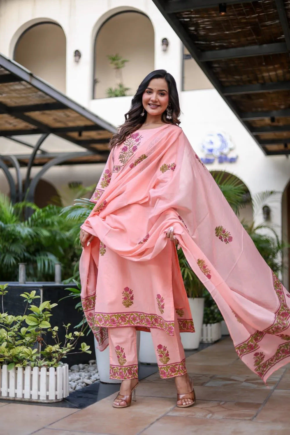 Coral Pink Floral Printed Pure Cotton Kurta Set