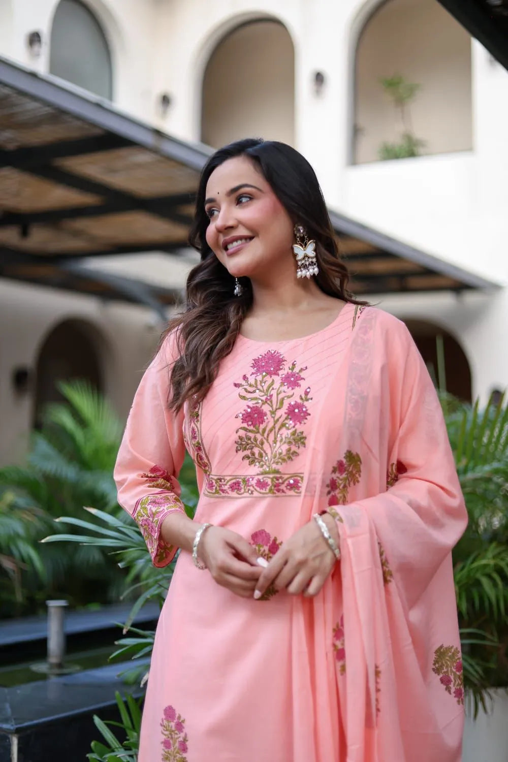 Coral Pink Floral Printed Pure Cotton Kurta Set