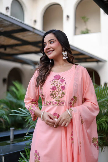Coral Pink Floral Printed Pure Cotton Kurta Set
